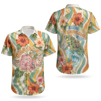 Hawaii Aloha Academy Back To School Couples Matching Off The Shoulder Long Sleeve Dress and Hawaiian Shirt Sea Turtle Tropical Hibiscus Flowers Retro Psychedelic TS04 - Polynesian Pride