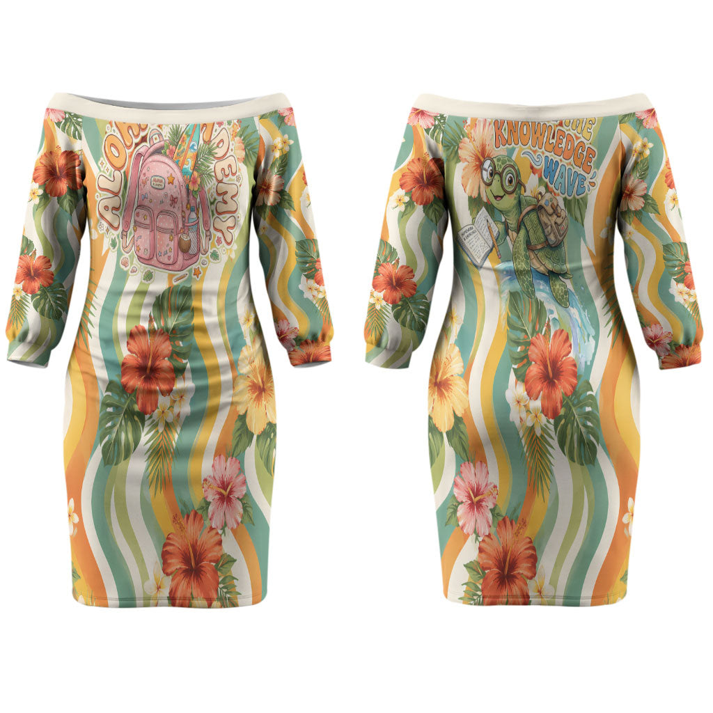 Hawaii Aloha Academy Back To School Couples Matching Off The Shoulder Long Sleeve Dress and Hawaiian Shirt Sea Turtle Tropical Hibiscus Flowers Retro Psychedelic TS04 - Polynesian Pride