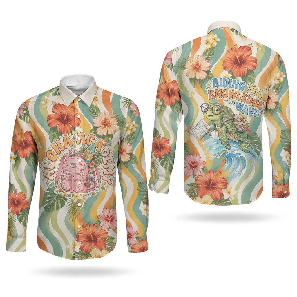 Hawaii Aloha Academy Back To School Couples Matching Off The Shoulder Long Sleeve Dress and Long Sleeve Button Shirt Sea Turtle Tropical Hibiscus Flowers Retro Psychedelic TS04 - Polynesian Pride