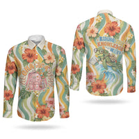 Hawaii Aloha Academy Back To School Couples Matching Off The Shoulder Long Sleeve Dress and Long Sleeve Button Shirt Sea Turtle Tropical Hibiscus Flowers Retro Psychedelic TS04 - Polynesian Pride