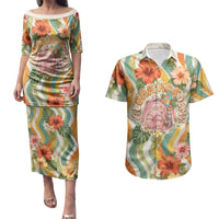 Hawaii Aloha Academy Back To School Couples Matching Puletasi and Hawaiian Shirt Sea Turtle Tropical Hibiscus Flowers Retro Psychedelic TS04 Orange Green - Polynesian Pride