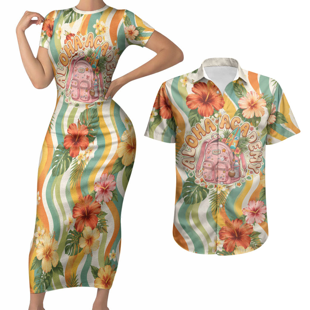 Hawaii Aloha Academy Back To School Couples Matching Short Sleeve Bodycon Dress and Hawaiian Shirt Sea Turtle Tropical Hibiscus Flowers Retro Psychedelic TS04 Orange Green - Polynesian Pride