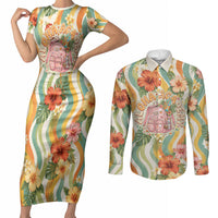 Hawaii Aloha Academy Back To School Couples Matching Short Sleeve Bodycon Dress and Long Sleeve Button Shirt Sea Turtle Tropical Hibiscus Flowers Retro Psychedelic TS04 Orange Green - Polynesian Pride