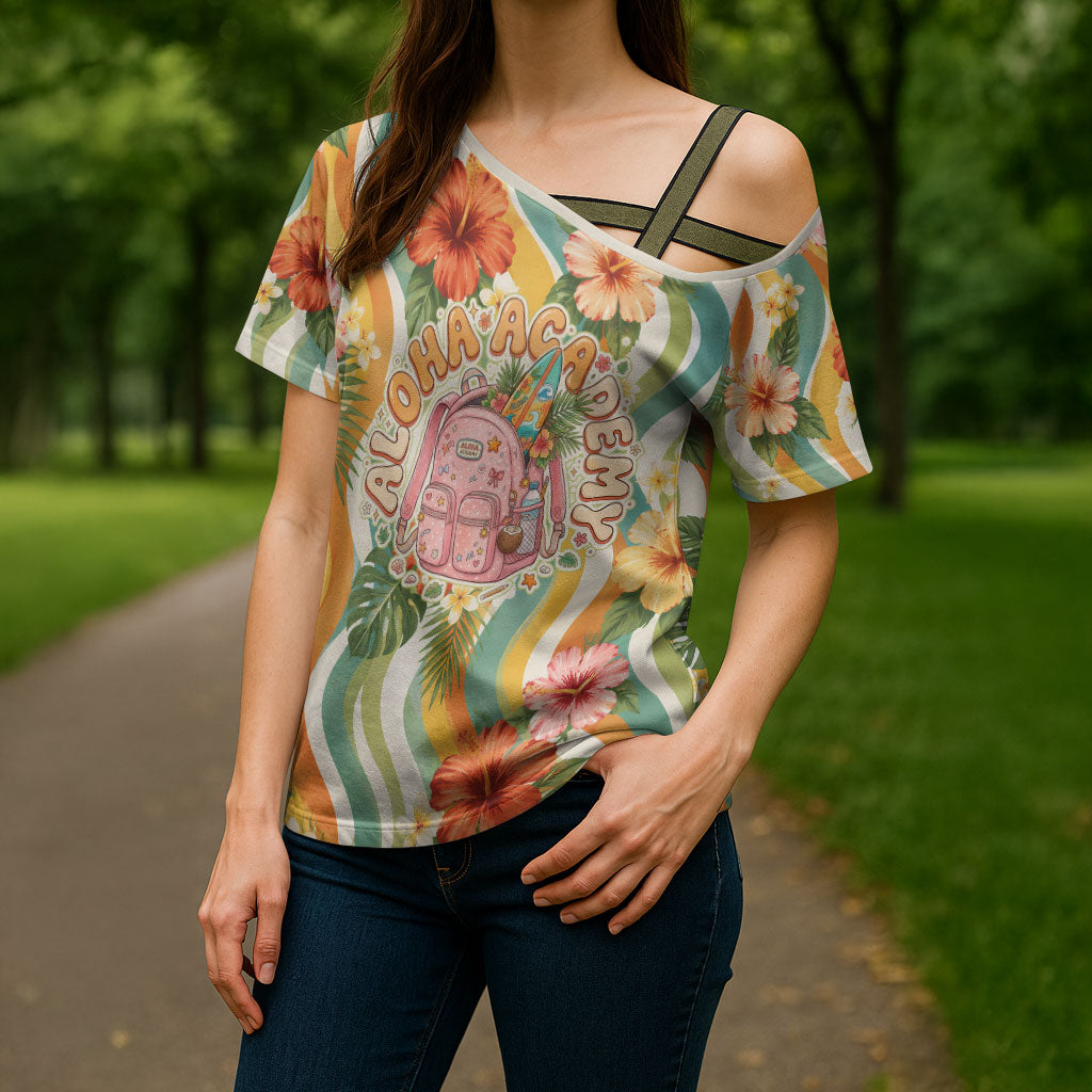 Hawaii Aloha Academy Back To School Cross Shoulder Shirt Sea Turtle Tropical Hibiscus Flowers Retro Psychedelic