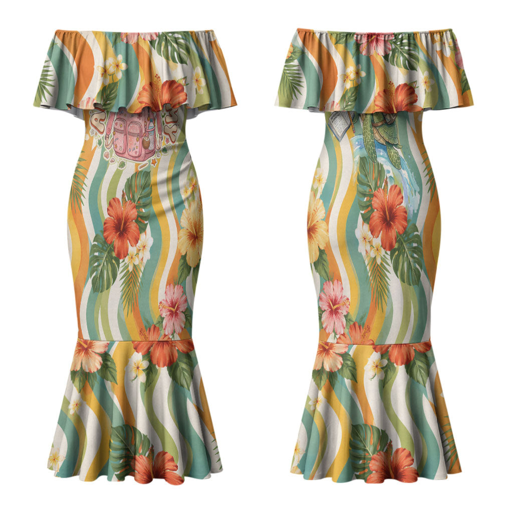 Hawaii Aloha Academy Back To School Family Matching Mermaid Dress and Hawaiian Shirt Sea Turtle Tropical Hibiscus Flowers Retro Psychedelic TS04 Mom's Dress Orange Green - Polynesian Pride