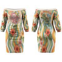 Hawaii Aloha Academy Back To School Family Matching Off The Shoulder Long Sleeve Dress and Hawaiian Shirt Sea Turtle Tropical Hibiscus Flowers Retro Psychedelic TS04 Mom's Dress Orange Green - Polynesian Pride