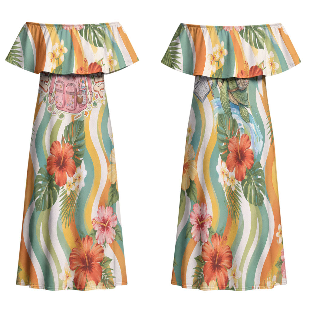 Hawaii Aloha Academy Back To School Family Matching Off Shoulder Maxi Dress and Hawaiian Shirt Sea Turtle Tropical Hibiscus Flowers Retro Psychedelic TS04 Mom's Dress Orange Green - Polynesian Pride