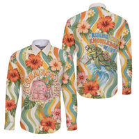 Hawaii Aloha Academy Back To School Family Matching Off Shoulder Maxi Dress and Hawaiian Shirt Sea Turtle Tropical Hibiscus Flowers Retro Psychedelic TS04 Dad's Shirt - Long Sleeve Orange Green - Polynesian Pride