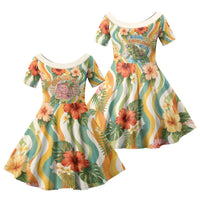 Hawaii Aloha Academy Back To School Family Matching Off Shoulder Maxi Dress and Hawaiian Shirt Sea Turtle Tropical Hibiscus Flowers Retro Psychedelic TS04 Daughter's Dress Orange Green - Polynesian Pride