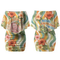 Hawaii Aloha Academy Back To School Family Matching Off Shoulder Short Dress and Hawaiian Shirt Sea Turtle Tropical Hibiscus Flowers Retro Psychedelic TS04 Mom's Dress Orange Green - Polynesian Pride