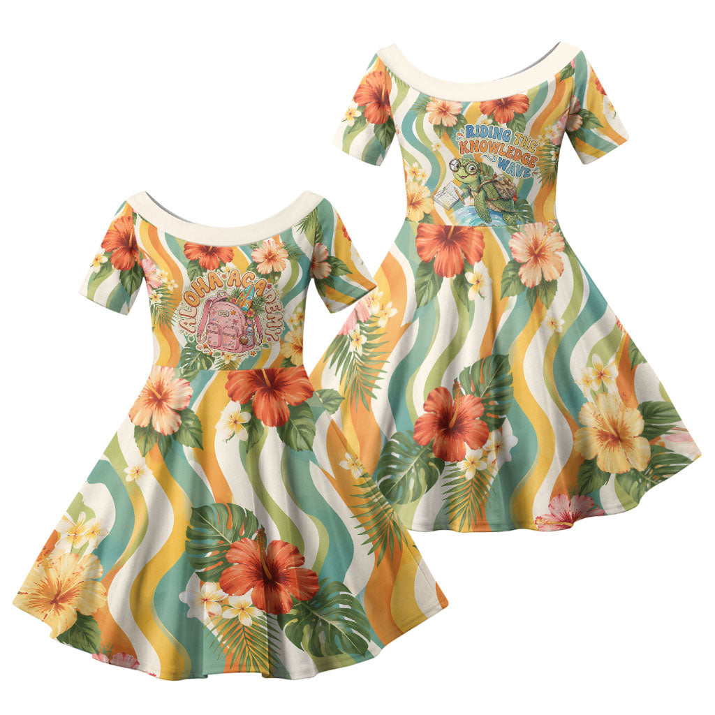 Hawaii Aloha Academy Back To School Family Matching Off Shoulder Short Dress and Hawaiian Shirt Sea Turtle Tropical Hibiscus Flowers Retro Psychedelic TS04 Daughter's Dress Orange Green - Polynesian Pride