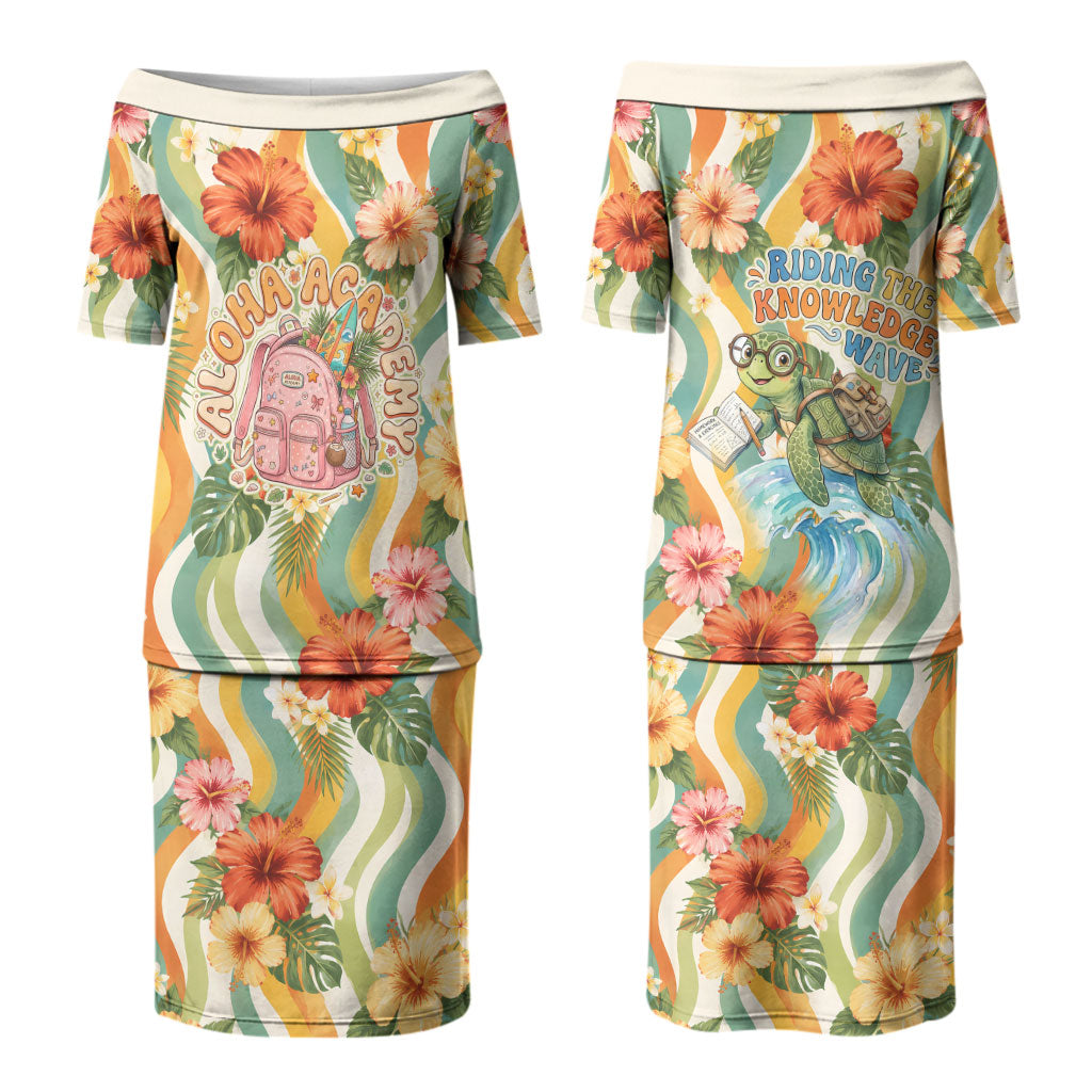 Hawaii Aloha Academy Back To School Family Matching Puletasi and Hawaiian Shirt Sea Turtle Tropical Hibiscus Flowers Retro Psychedelic TS04 Mom's Dress Orange Green - Polynesian Pride