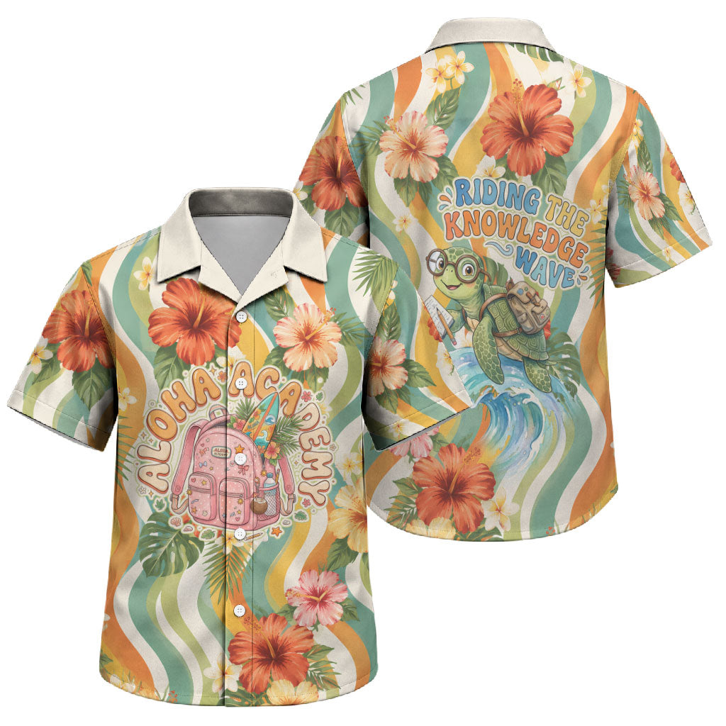 Hawaii Aloha Academy Back To School Family Matching Short Sleeve Bodycon Dress and Hawaiian Shirt Sea Turtle Tropical Hibiscus Flowers Retro Psychedelic TS04 Son's Shirt Orange Green - Polynesian Pride