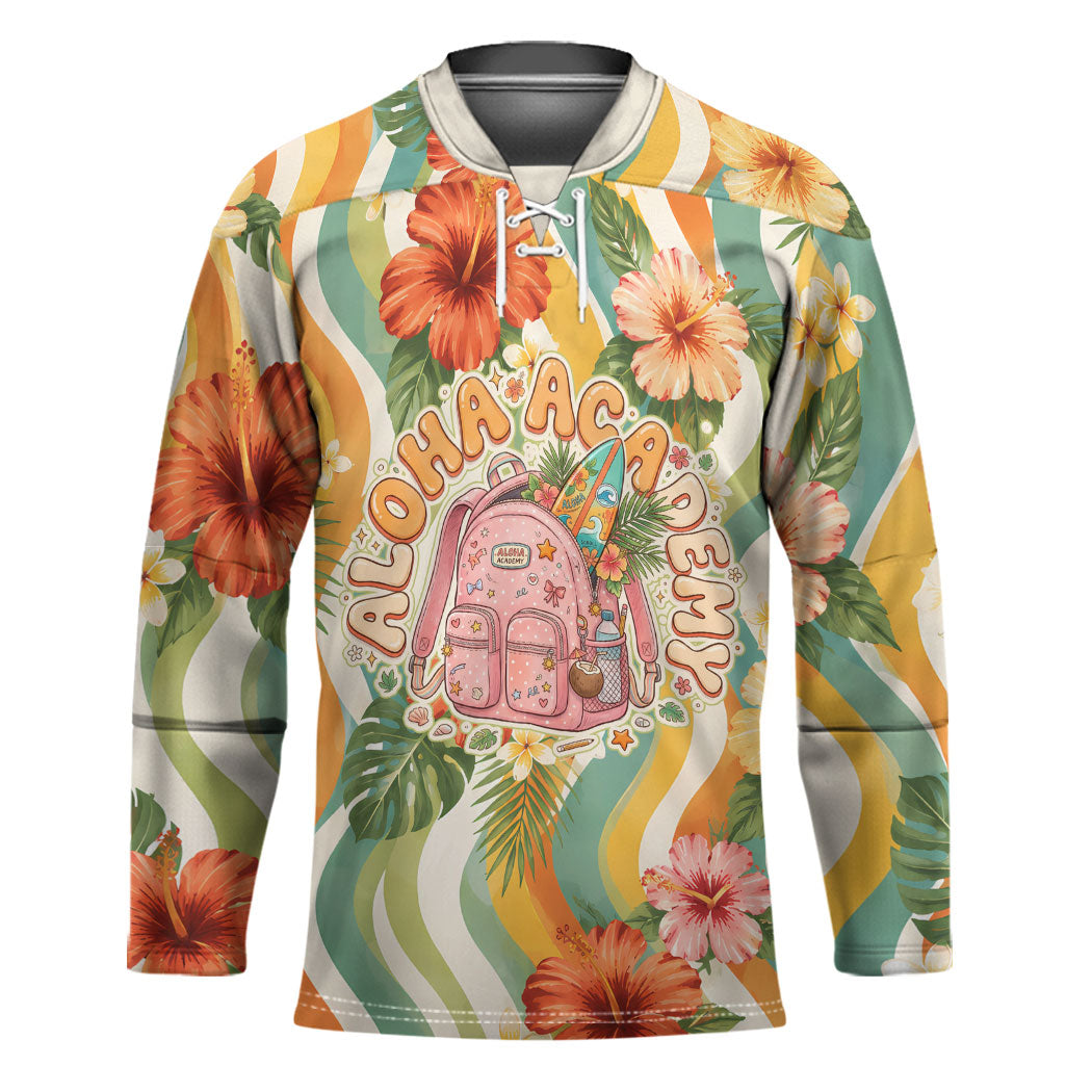 Hawaii Aloha Academy Back To School Hockey Jersey Sea Turtle Tropical Hibiscus Flowers Retro Psychedelic
