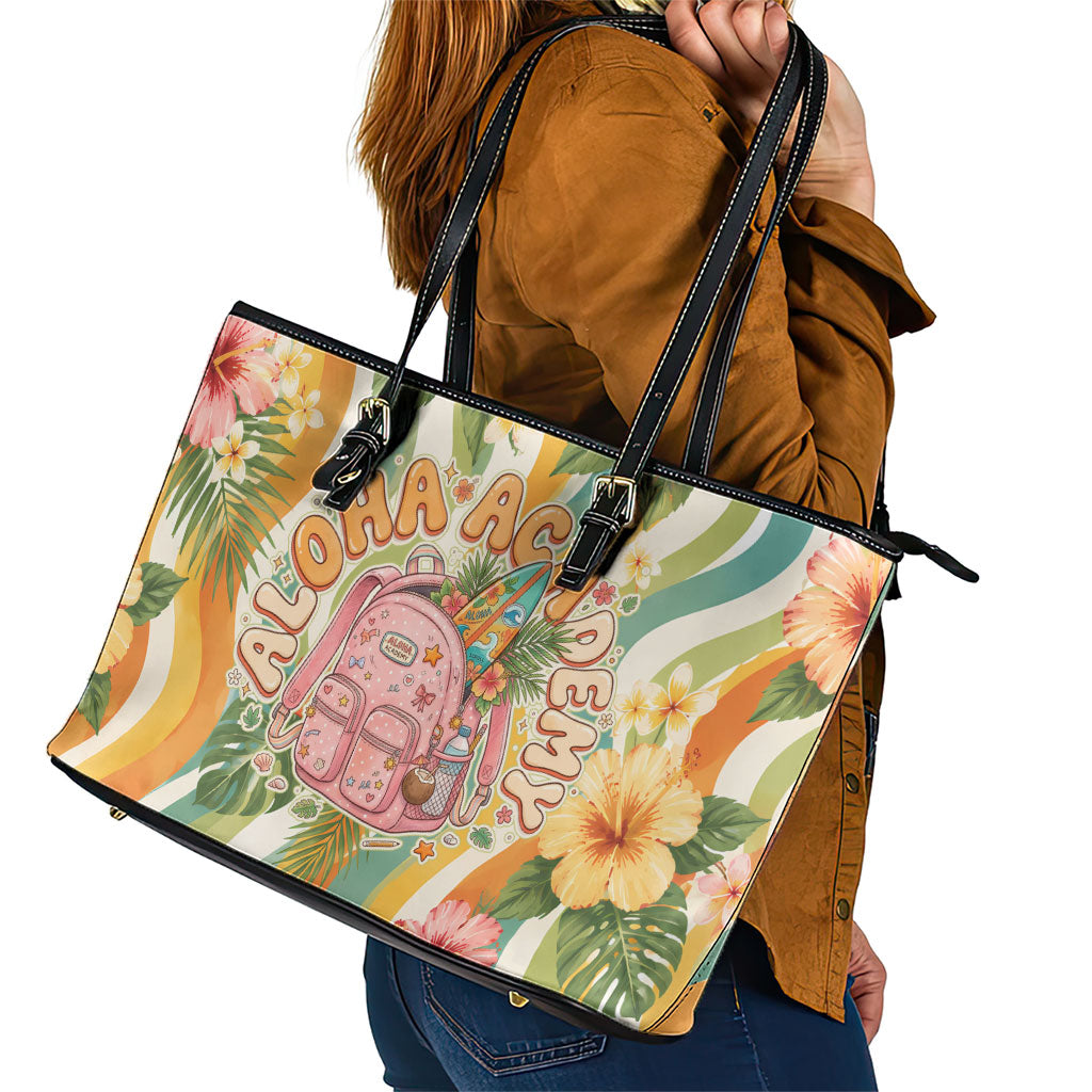 Hawaii Aloha Academy Back To School Leather Tote Bag Sea Turtle Tropical Hibiscus Flowers Retro Psychedelic TS04 - Polynesian Pride