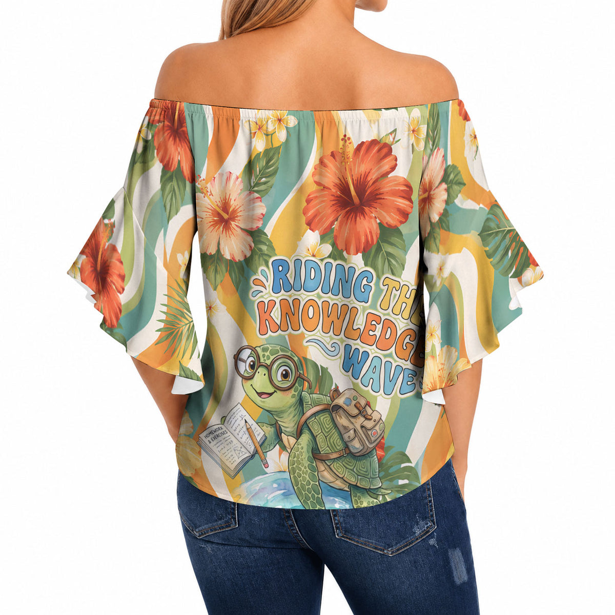 Hawaii Aloha Academy Back To School Off Shoulder Wrap Waist Top Sea Turtle Tropical Hibiscus Flowers Retro Psychedelic TS04 - Polynesian Pride