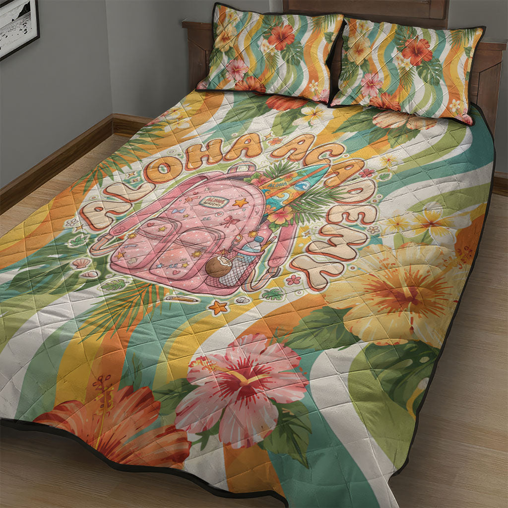 Hawaii Aloha Academy Back To School Quilt Bed Set Sea Turtle Tropical Hibiscus Flowers Retro Psychedelic