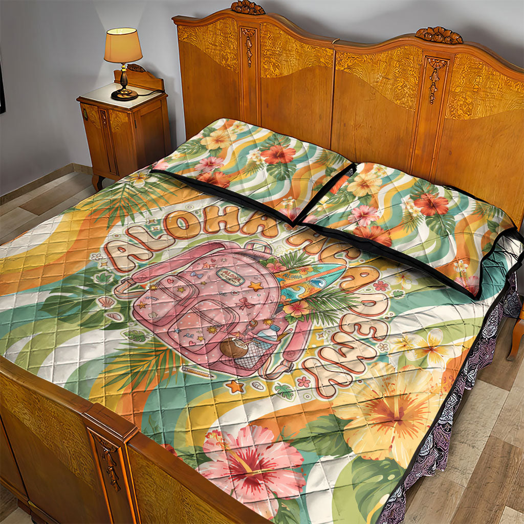 Hawaii Aloha Academy Back To School Quilt Bed Set Sea Turtle Tropical Hibiscus Flowers Retro Psychedelic