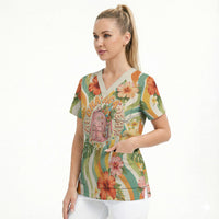 Hawaii Aloha Academy Back To School Scrub Top Sea Turtle Tropical Hibiscus Flowers Retro Psychedelic TS04 - Polynesian Pride