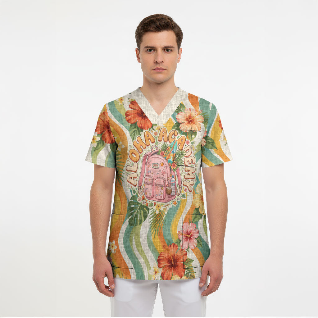 Hawaii Aloha Academy Back To School Scrub Top Sea Turtle Tropical Hibiscus Flowers Retro Psychedelic TS04 - Polynesian Pride