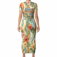 Hawaii Aloha Academy Back To School Short Sleeve Bodycon Dress Sea Turtle Tropical Hibiscus Flowers Retro Psychedelic TS04 - Polynesian Pride