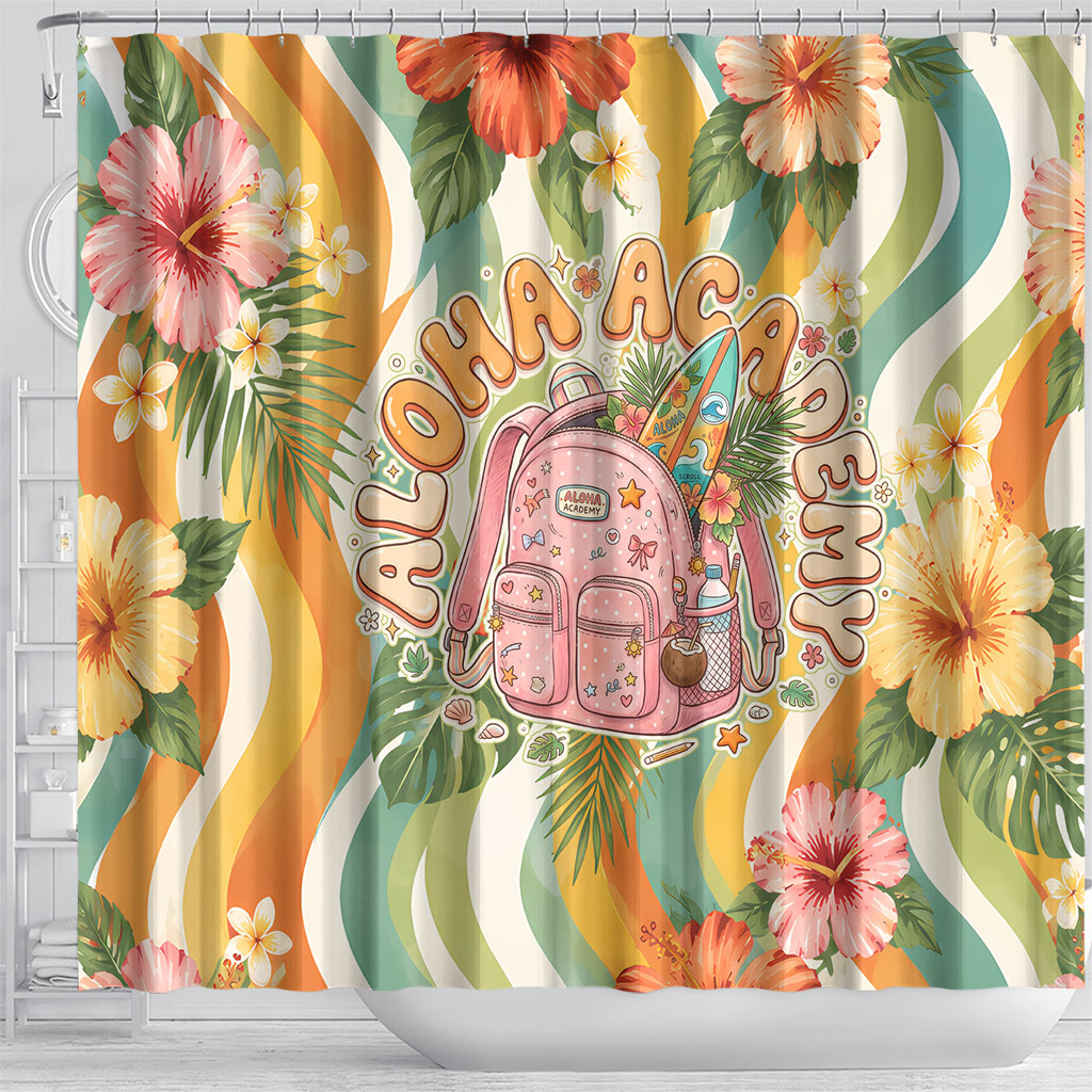Hawaii Aloha Academy Back To School Shower Curtain Sea Turtle Tropical Hibiscus Flowers Retro Psychedelic TS04 - Polynesian Pride