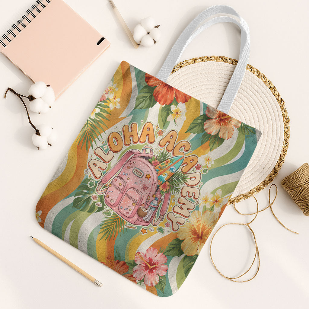 Hawaii Aloha Academy Back To School Tote Bag Sea Turtle Tropical Hibiscus Flowers Retro Psychedelic TS04 White Strap One Size Orange Green - Polynesian Pride