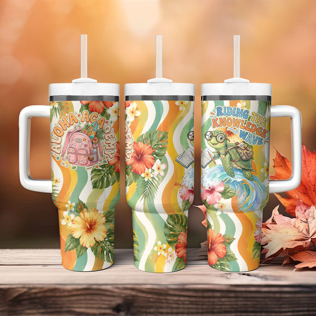 Hawaii Aloha Academy Back To School Tumbler With Handle Sea Turtle Tropical Hibiscus Flowers Retro Psychedelic TS04 - Polynesian Pride