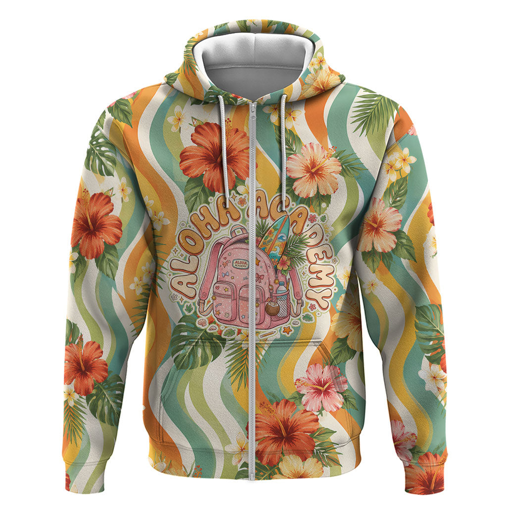 Hawaii Aloha Academy Back To School Zip Hoodie Sea Turtle Tropical Hibiscus Flowers Retro Psychedelic TS04 Zip Hoodie Orange Green - Polynesian Pride