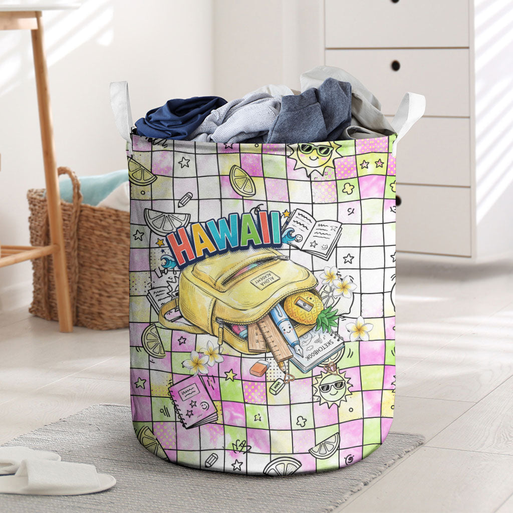 Hawaii Cruising Back To School Laundry Basket Grid Pattern With School Bag And Vintage Surf Van