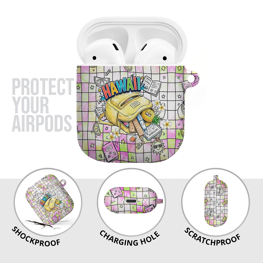 Hawaii Cruising Back To School AirPods Case Grid Pattern With School Bag And Vintage Surf Van