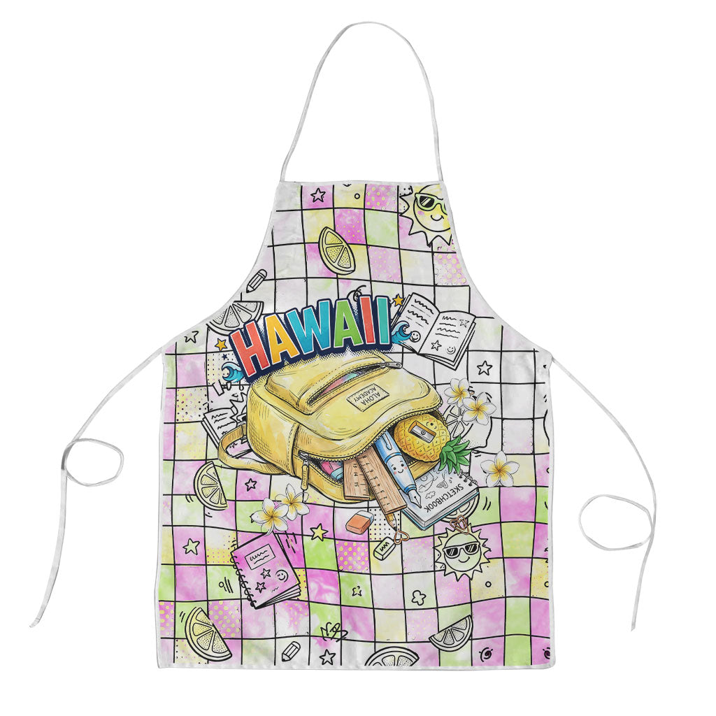 Hawaii Cruising Back To School Apron Grid Pattern With School Bag And Vintage Surf Van TS04 White Yellow - Polynesian Pride