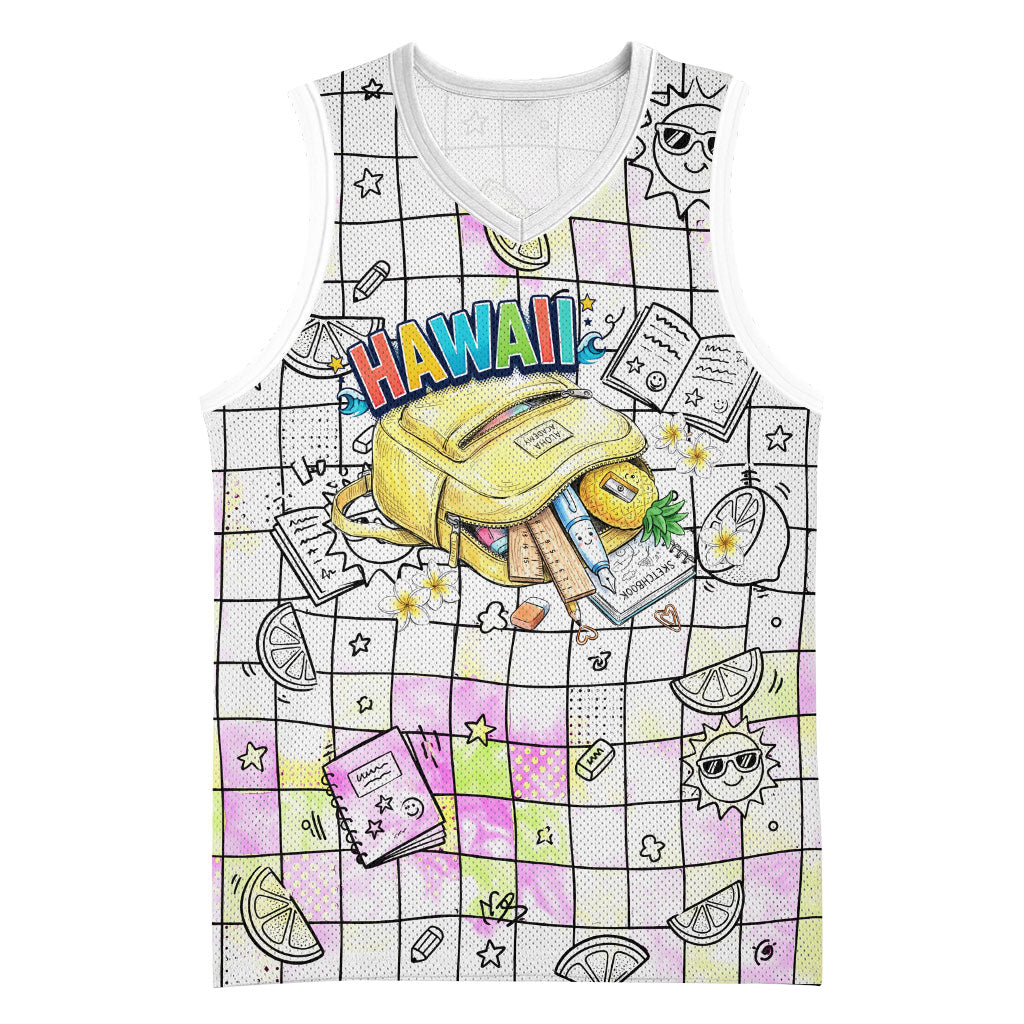Hawaii Cruising Back To School Basketball Jersey Grid Pattern With School Bag And Vintage Surf Van TS04 Unisex White Yellow - Polynesian Pride