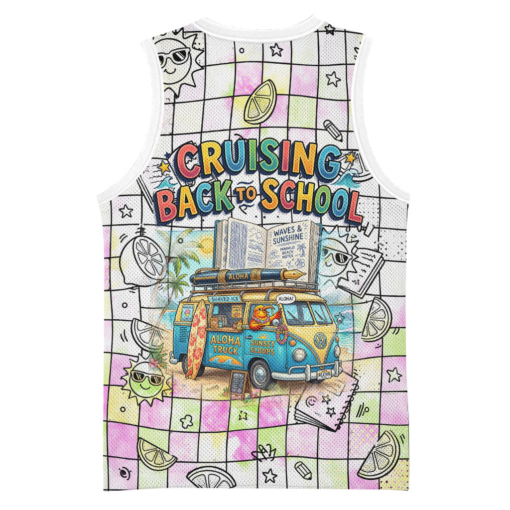 Hawaii Cruising Back To School Basketball Jersey Grid Pattern With School Bag And Vintage Surf Van TS04 - Polynesian Pride