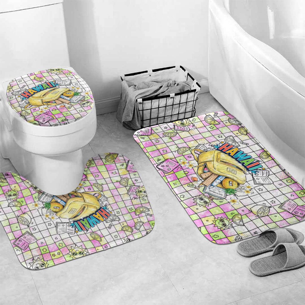 Hawaii Cruising Back To School Bathroom Set Grid Pattern With School Bag And Vintage Surf Van