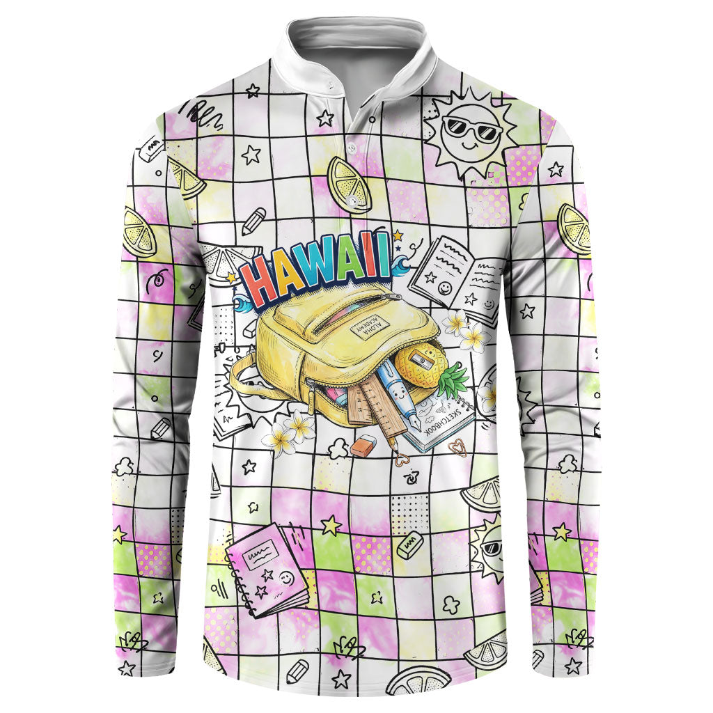 Hawaii Cruising Back To School Button Sweatshirt Grid Pattern With School Bag And Vintage Surf Van TS04 White Yellow - Polynesian Pride