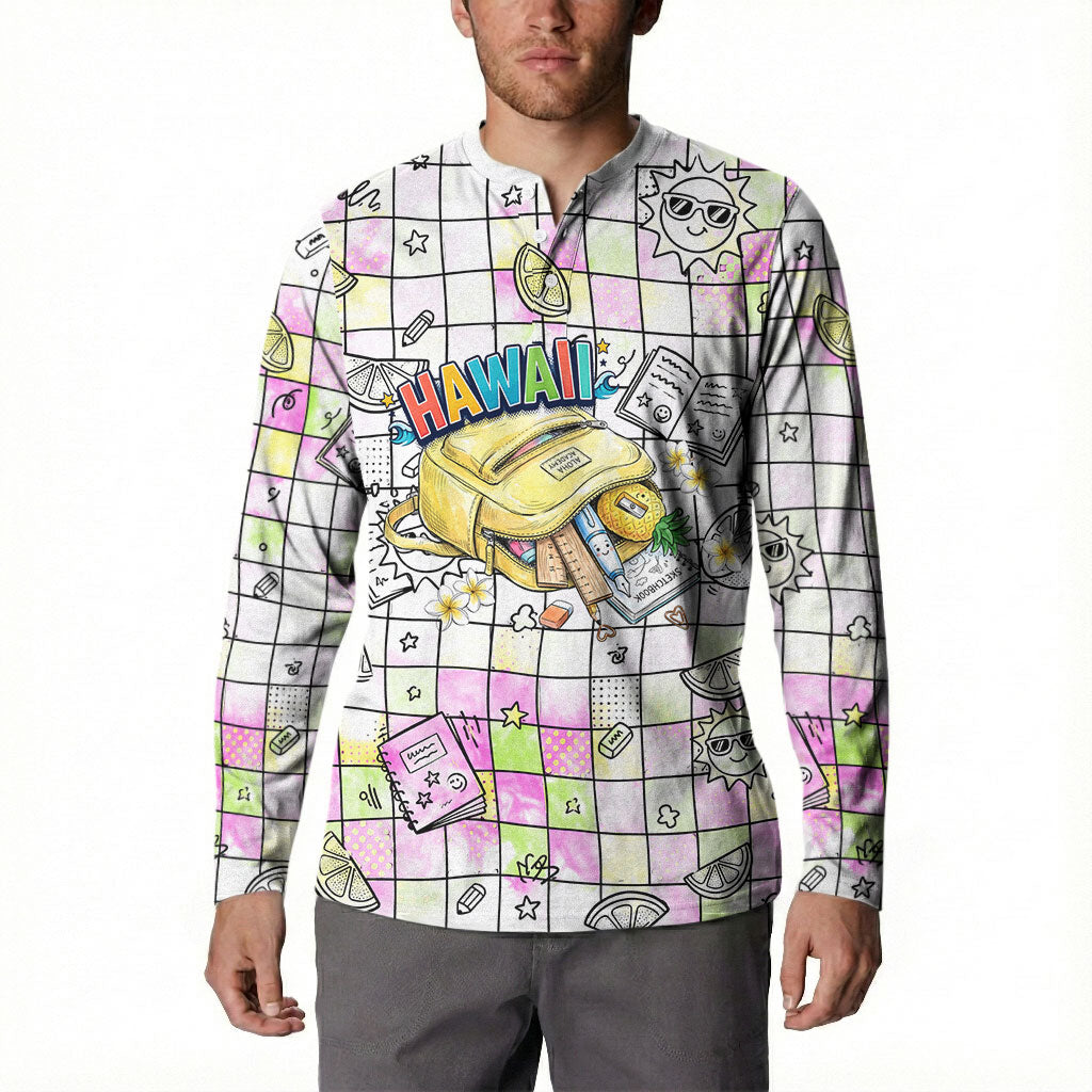 Hawaii Cruising Back To School Button Sweatshirt Grid Pattern With School Bag And Vintage Surf Van TS04 - Polynesian Pride