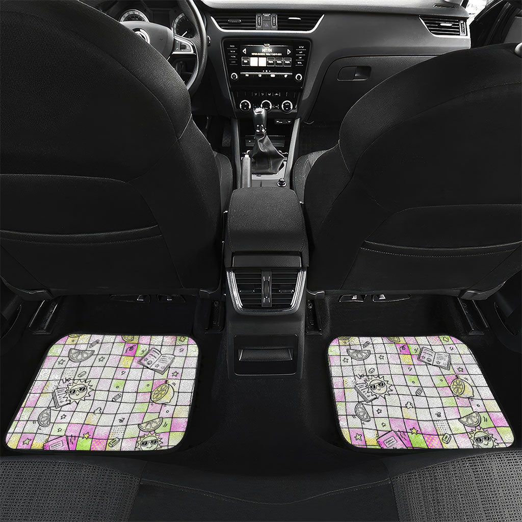 Hawaii Cruising Back To School Car Mats Grid Pattern With School Bag And Vintage Surf Van TS04 Set 2pcs - Back White Yellow - Polynesian Pride