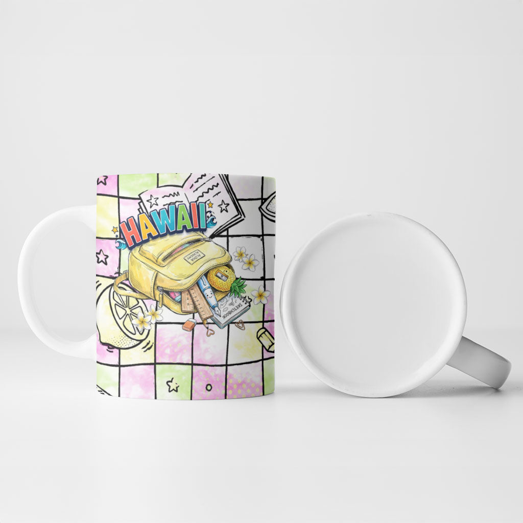 Hawaii Cruising Back To School Ceramic Mug Grid Pattern With School Bag And Vintage Surf Van
