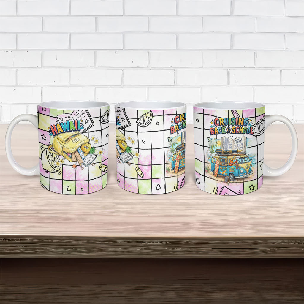 Hawaii Cruising Back To School Ceramic Mug Grid Pattern With School Bag And Vintage Surf Van