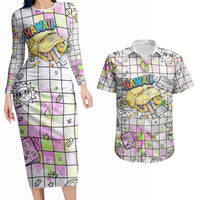 Hawaii Cruising Back To School Couples Matching Long Sleeve Bodycon Dress and Hawaiian Shirt Grid Pattern With School Bag And Vintage Surf Van TS04 White Yellow - Polynesian Pride