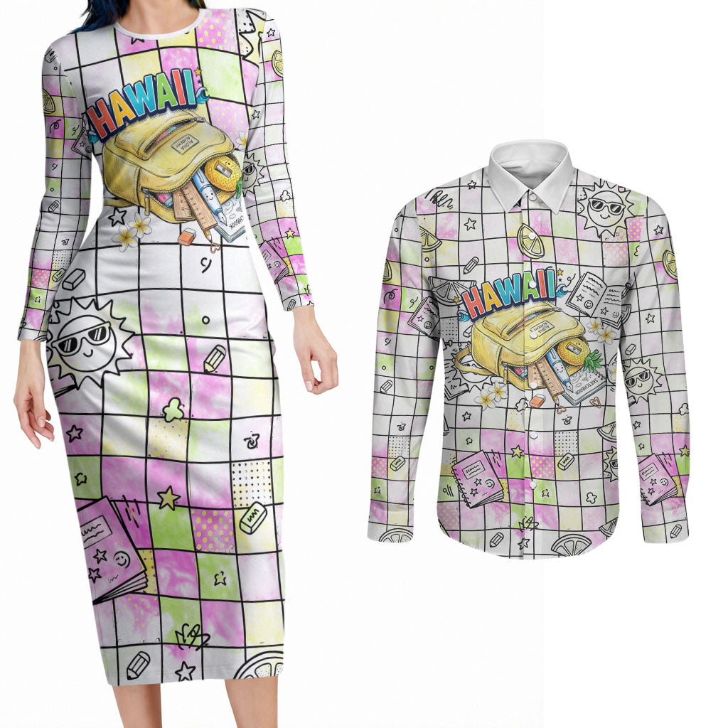Hawaii Cruising Back To School Couples Matching Long Sleeve Bodycon Dress and Long Sleeve Button Shirt Grid Pattern With School Bag And Vintage Surf Van
