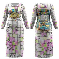 Hawaii Cruising Back To School Couples Matching Long Sleeve Bodycon Dress and Long Sleeve Button Shirt Grid Pattern With School Bag And Vintage Surf Van TS04 - Polynesian Pride