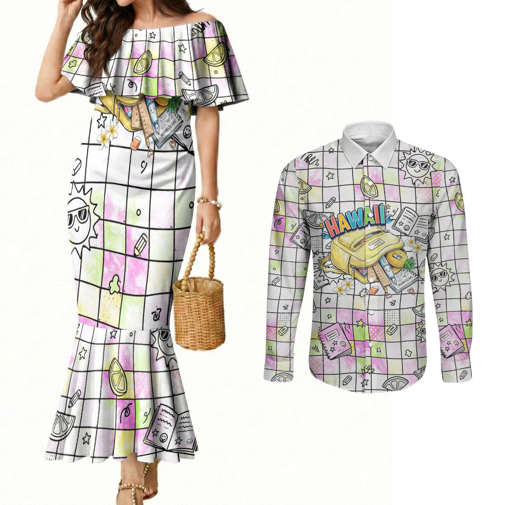 Hawaii Cruising Back To School Couples Matching Mermaid Dress and Long Sleeve Button Shirt Grid Pattern With School Bag And Vintage Surf Van