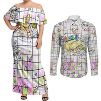 Hawaii Cruising Back To School Couples Matching Off Shoulder Maxi Dress and Long Sleeve Button Shirt Grid Pattern With School Bag And Vintage Surf Van TS04 White Yellow - Polynesian Pride