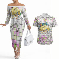 Hawaii Cruising Back To School Couples Matching Off The Shoulder Long Sleeve Dress and Hawaiian Shirt Grid Pattern With School Bag And Vintage Surf Van TS04 White Yellow - Polynesian Pride