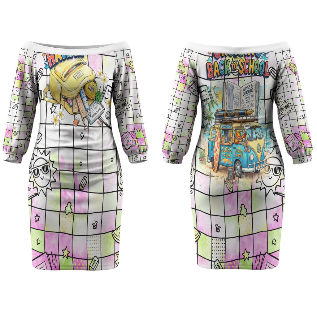 Hawaii Cruising Back To School Couples Matching Off The Shoulder Long Sleeve Dress and Hawaiian Shirt Grid Pattern With School Bag And Vintage Surf Van TS04 - Polynesian Pride