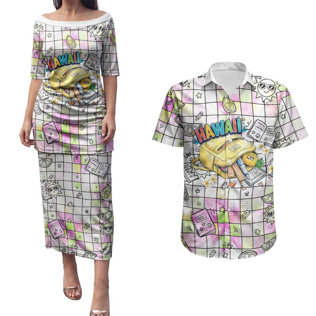 Hawaii Cruising Back To School Couples Matching Puletasi and Hawaiian Shirt Grid Pattern With School Bag And Vintage Surf Van TS04 White Yellow - Polynesian Pride