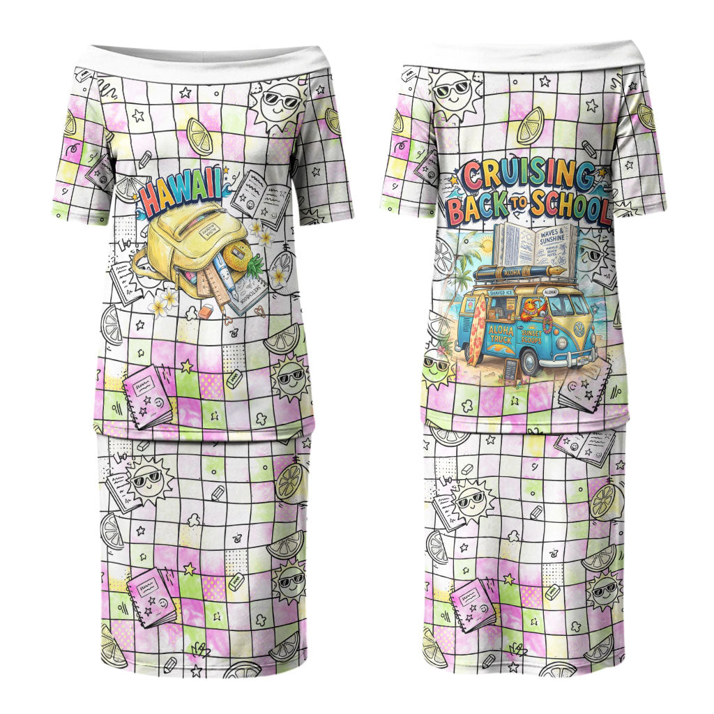 Hawaii Cruising Back To School Couples Matching Puletasi and Hawaiian Shirt Grid Pattern With School Bag And Vintage Surf Van TS04 - Polynesian Pride
