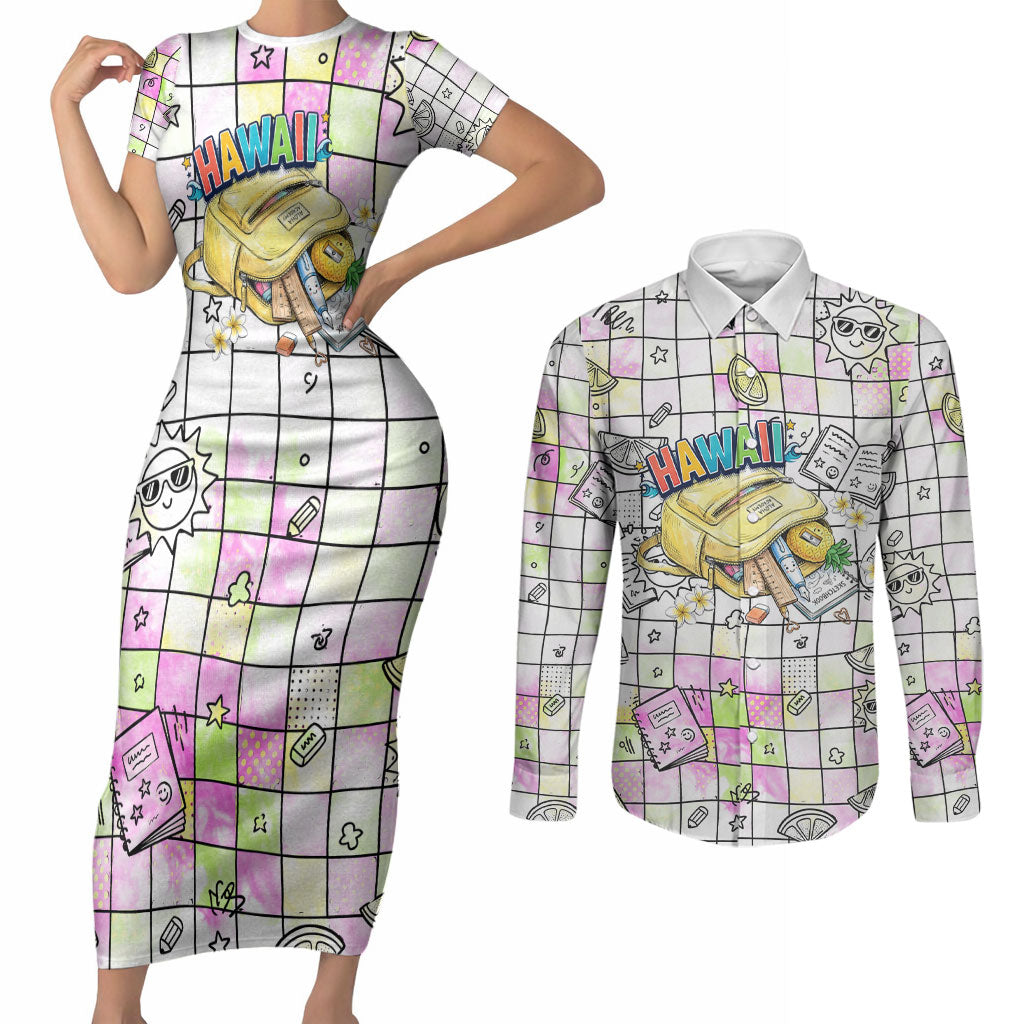 Hawaii Cruising Back To School Couples Matching Short Sleeve Bodycon Dress and Long Sleeve Button Shirt Grid Pattern With School Bag And Vintage Surf Van TS04 White Yellow - Polynesian Pride
